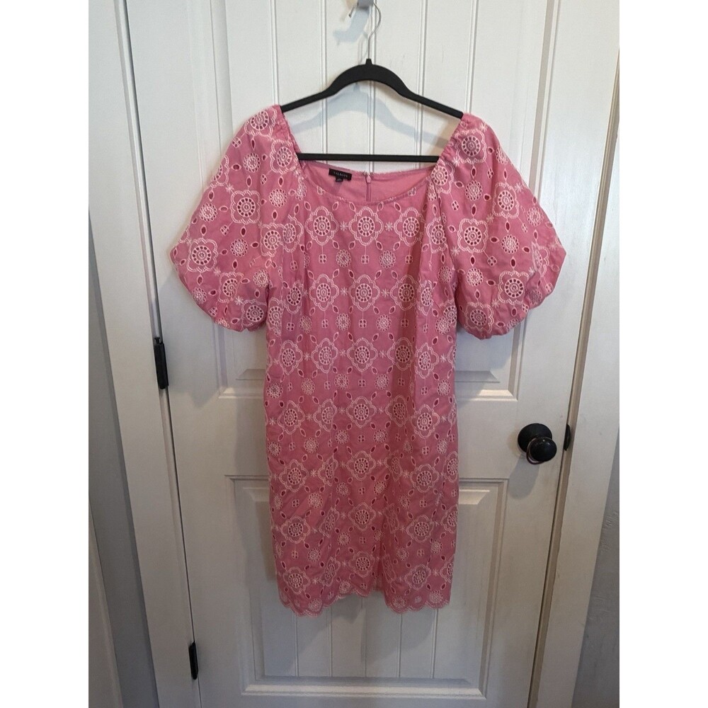 Talbots Pink Eyelet Lace Shift Dress Women 14 Puff Sleeve Square Neck Scallop